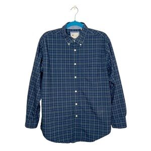 Haggar Stretch Navy Blue & Green Plaid Button Down Shirt